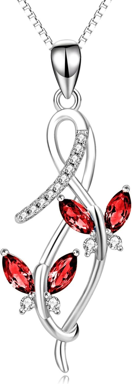Sterling Silver Austrian Crystal Infinity Butterfly Pendant Necklace-A-Red