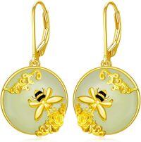wholesale Gold-Plated 925 Sterling Silver Bee & Flower Design Natural Green Jade Drop Earrings for Women-C-Bee-Gold