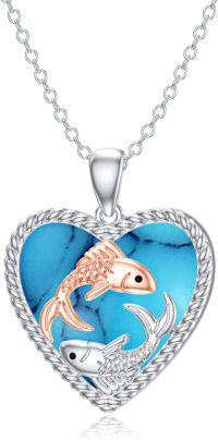 wholesale 925 Sterling Silver Heart-Shaped Pendant with Turquoise and Koi Fish Design - Aquarius (Zodiac) Necklace-Pisces (2.19-3.20)