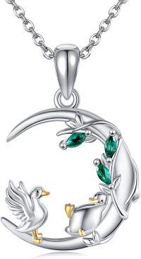 wholesale 925 Sterling Silver Moon Pendant Necklace with Ducks and Emerald Gemstones for Women Girls Mothers Day Gift-Duck
