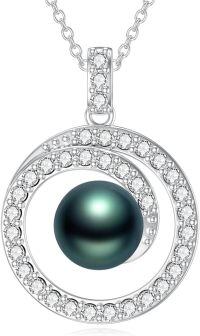 wholesale 925 Sterling Silver Round Green Tahitian Pearl and Cubic Zirconia Circle Pendant Necklace-Style 3