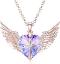 wholesale Sterling Silver Gold Angel Wings Necklace with Cross Birthstone Valentine s Gift-06-June-Alexandrite Rose Gold