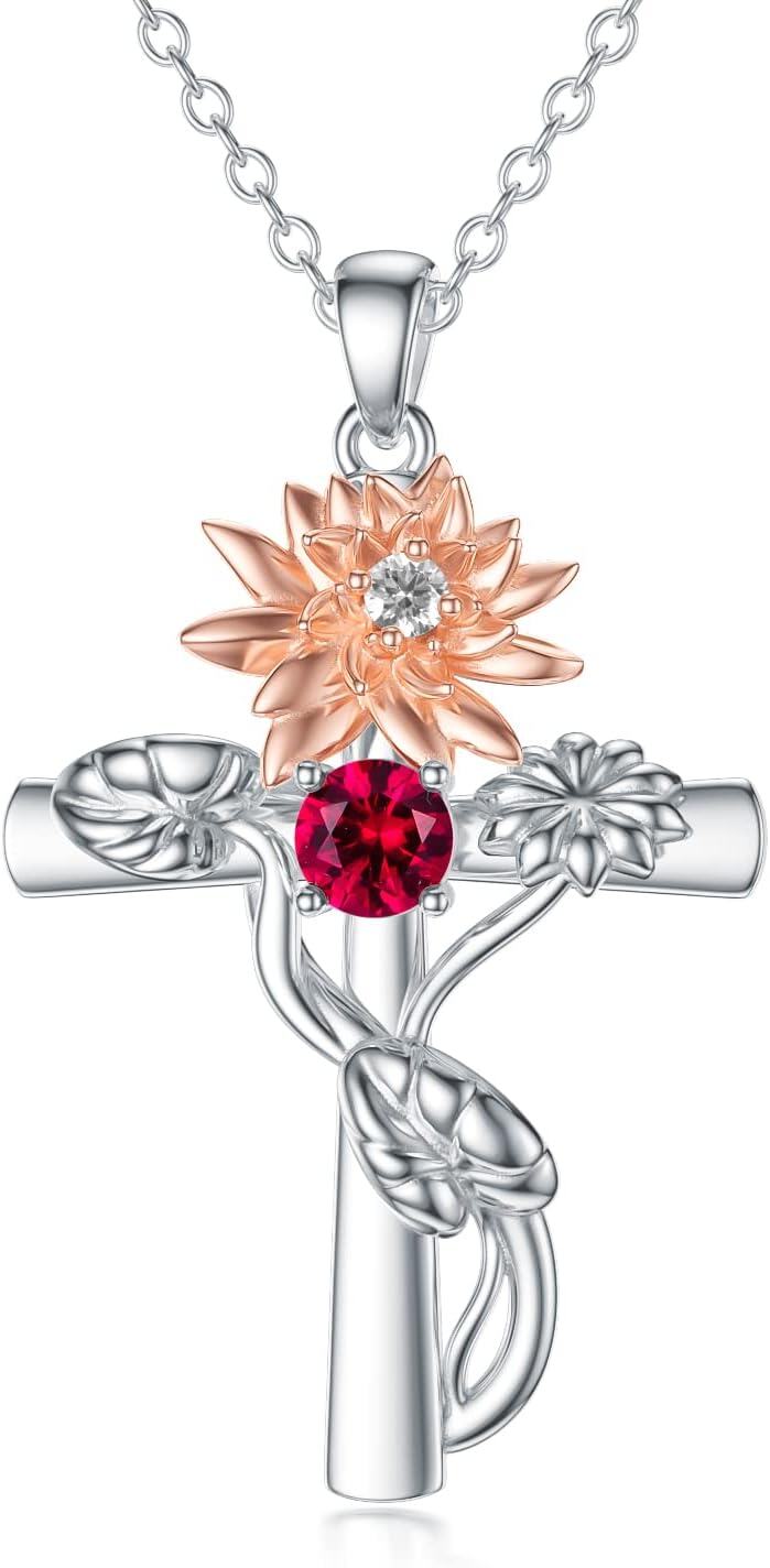 Sterling Silver 12 Birthstone Flower Pendant Necklace for Women-7-July-Lotus