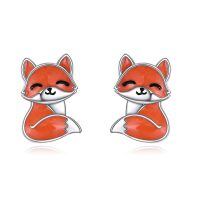 wholesale 925 Sterling Silver Cute Fox Enamel Stud Earrings White Gold Plated-Fox