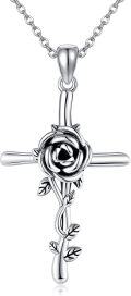 wholesale 925 Sterling Silver Cross Pendant Necklace with Rose Flower and Vine Design - Christian  for Women-0-0