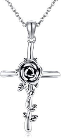 wholesale 925 Sterling Silver Cross Pendant Necklace with Rose Flower and Vine Design - Christian  for Women-Black Rose