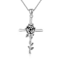 wholesale 925 Sterling Silver Cross Pendant Necklace with Rose Flower and Vine Design - Christian  for Women-Black Rose