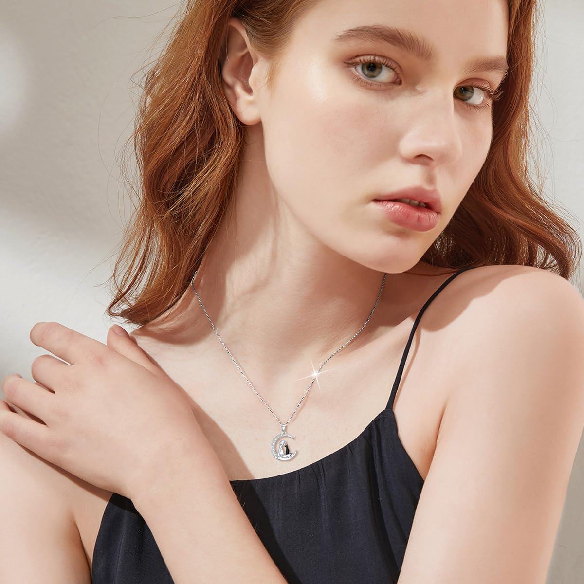 925 Sterling Silver Moon & Girl with Black Cat Pendant Necklace for Women-0-1