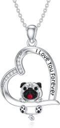 wholesale 925 Sterling Silver Pug Dog Heart Pendant Necklaces with Red Crystal and Cubic Zirconia Gift for Women-0-0