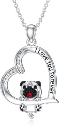wholesale 925 Sterling Silver Pug Dog Heart Pendant Necklaces with Red Crystal and Cubic Zirconia Gift for Women-Pug