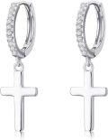 wholesale 925 Sterling Silver Cross Dangle Drop Earring for Women Men Minimalist Huggie Hoops with Cubic Zirconia 3cm Length-0-0