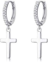 wholesale 925 Sterling Silver Cross Dangle Drop Earring for Women Men Minimalist Huggie Hoops with Cubic Zirconia 3cm Length-03-Cross Earrings(A-Silver)