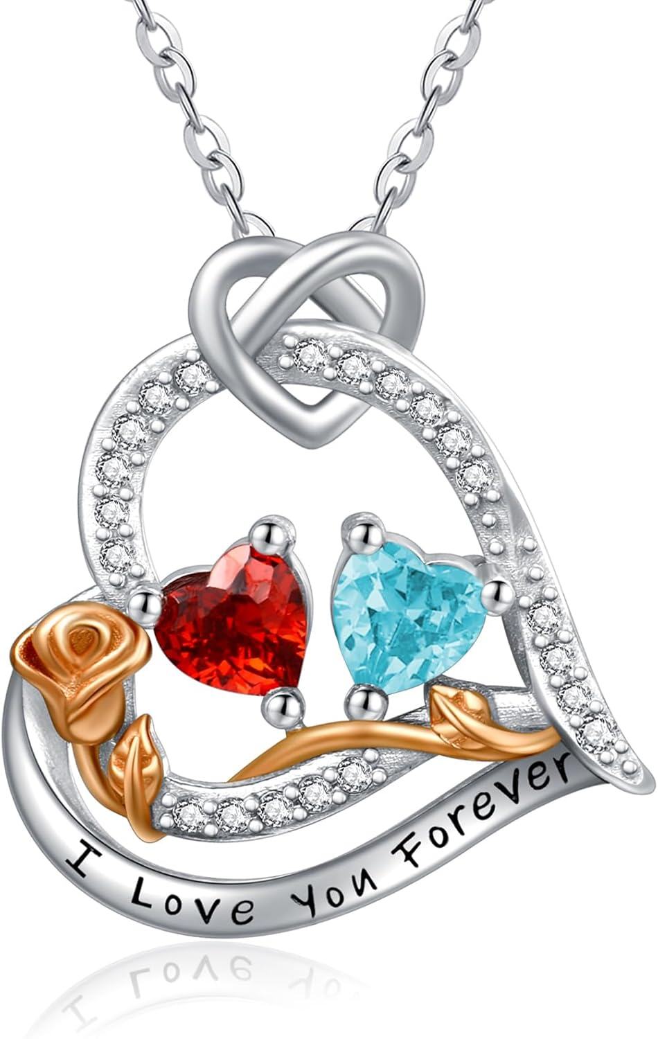  Sterling Silver 2 Birthstones Rose Heart Necklace for Women -01-03-Jan-Mar
