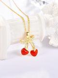 wholesale 925 Sterling Silver Gold Plated Cherry Red Enamel Bow Fruit Charm Pendant Necklace for Women Gifts-0-1