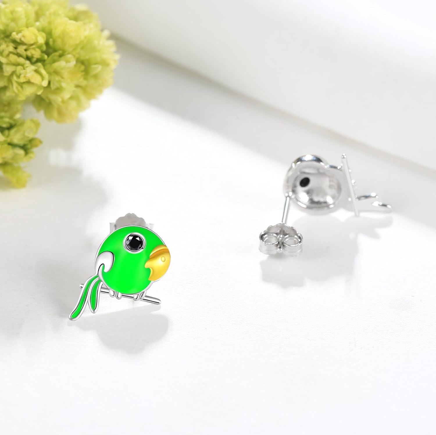 wholesale 925 Sterling Silver Metal Green Bird Stud Earrings with Black Rhinestone Eyes and Gold Beak-0-2