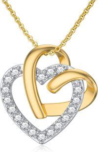 wholesale 14K Gold 2-Tone Diamond Double Heart Pendant Necklace for Women-Yellow Gold