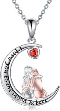 wholesale 925 Sterling Silver Red Crystal Heart Moon & Back Sisters Pendant Necklace-2 Sisters-I love you to the moon and back-2 Sisters-I love you to the moon and back