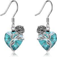 wholesale Sterling Silver Rose Birthstone Heart Dangle Drop Earrings for Women-12 Dec - Blue Topaz