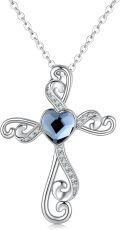 wholesale 925 Sterling Silver Heart-Shaped Blue Stone Cross Pendant Necklace for Women and Girls-0-0