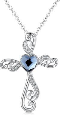 wholesale 925 Sterling Silver Heart-Shaped Blue Stone Cross Pendant Necklace for Women and Girls-Birthstone-Blue