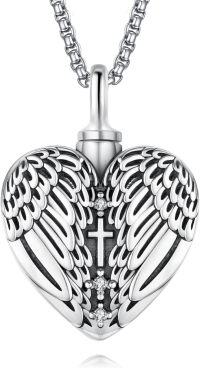 wholesale 925 Sterling Silver Guardian Angel Wing Heart Keepsake Urn Necklace w/Ashes Holder & Cross Charm - Pet Memorial Jewelry -01-wings(Silver)
