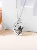 wholesale 925 Sterling Silver Halloween Witch on Broomstick Crescent Moon & Ghosts Pendant Necklace-0-1