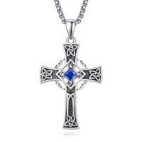 wholesale 925 Sterling Silver Garnet Celtic Cross Necklace for Men 22 +2 Chain-Silver-September