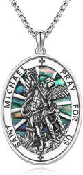 wholesale 925 Sterling Silver St Michael Archangel Prayer Medal Necklace Pendant with Abalone Shell Inlay and Cross Design for Men Women  48cm Chain Length-0-0