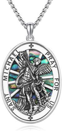 wholesale 925 Sterling Silver St Michael Archangel Prayer Medal Necklace Pendant with Abalone Shell Inlay and Cross Design for Men Women  48cm Chain Length-11a-St Michael-Abalone Shell-11a-St Michael-Abalone Shell