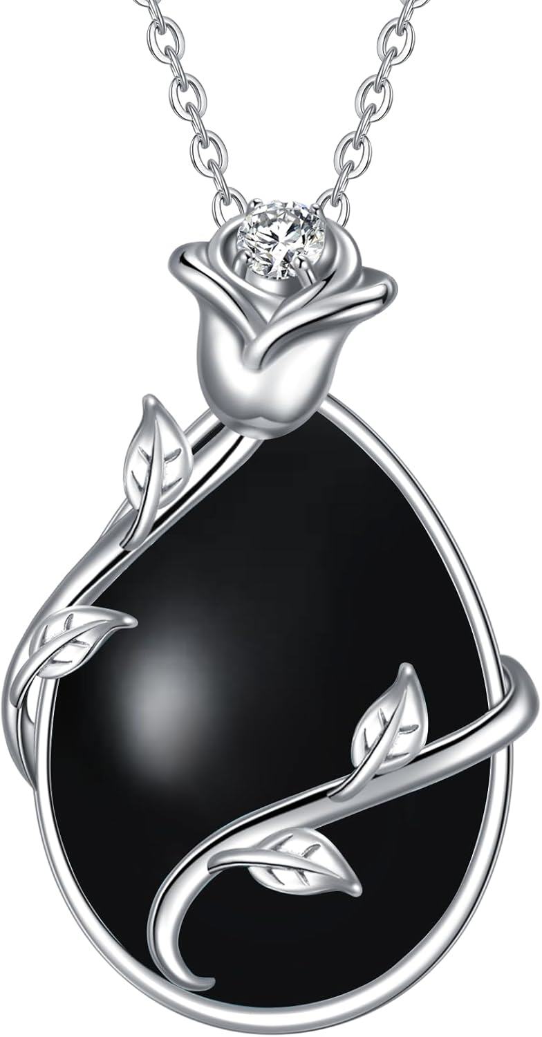 wholesale Sterling Silver Teardrop Turquoise Moonstone Black Onyx Necklace for Women Infinity Rose Pendant Jewelry Gift-Teardrop Black Onyx