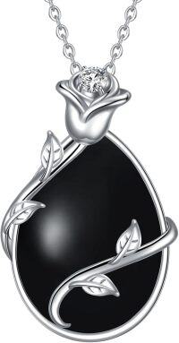 wholesale Sterling Silver Teardrop Turquoise Moonstone Black Onyx Necklace for Women Infinity Rose Pendant Jewelry Gift-Teardrop Black Onyx