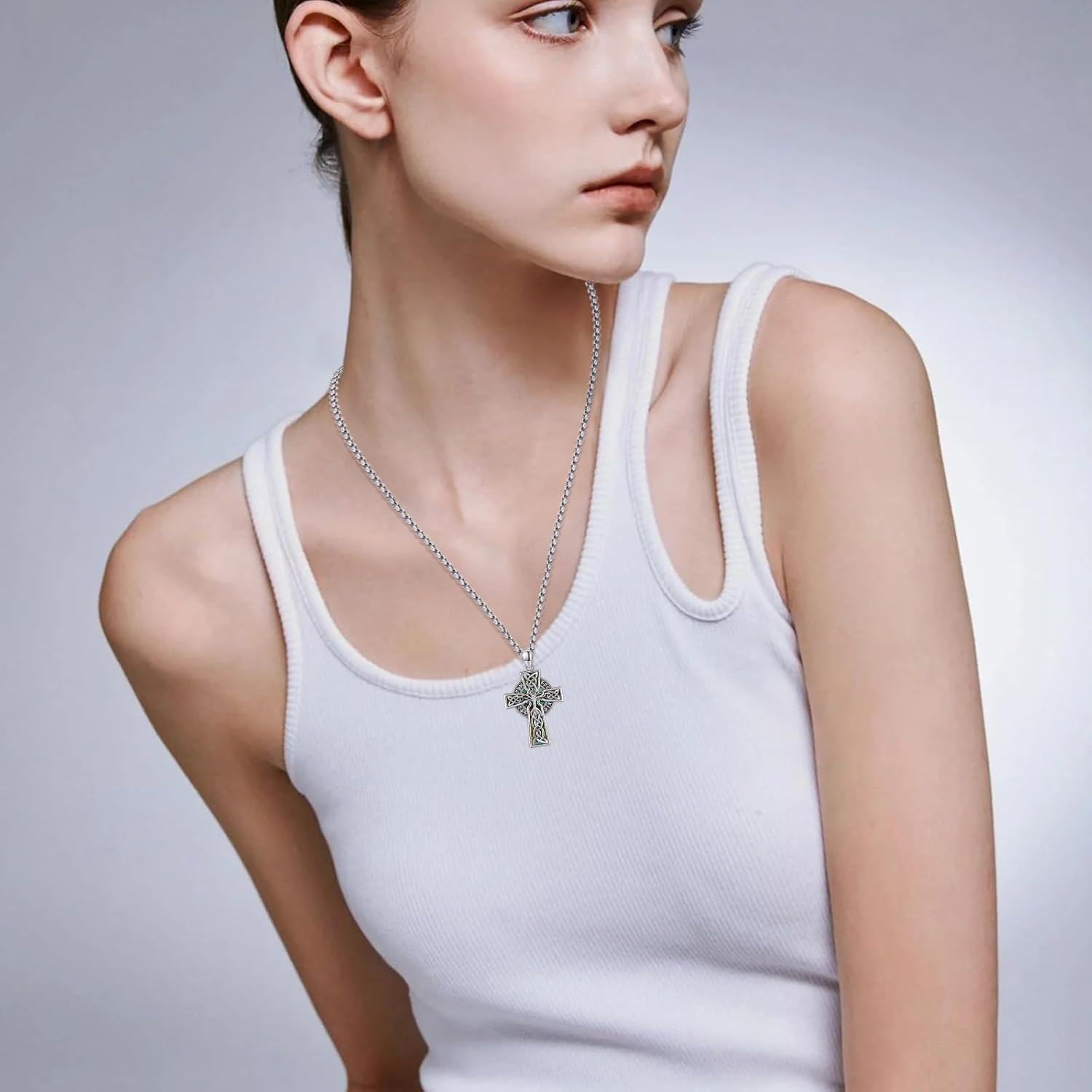 wholesale 925 Sterling Silver Celtic Knot Cross Pendant with Green Abalone Shell Inlay Norse Valknut Amulet Necklace for Men & Women with Stainless Steel Chain-0-2