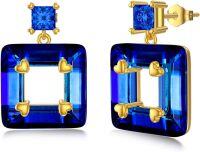wholesale 925 Sterling Silver & Gold Plated Square Stud Earrings with Blue Crystal, Elegant Gift for Women-Square Blue Crystal