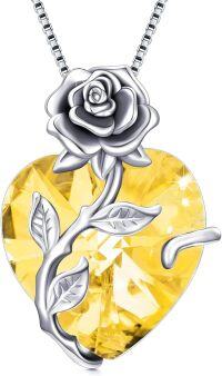 wholesale 925 Sterling Silver Crystal Rose Flower Heart Pendant Necklace-11-Nov - Citrine