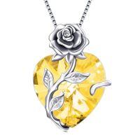 wholesale 925 Sterling Silver Crystal Rose Flower Heart Pendant Necklace-11-Nov - Citrine