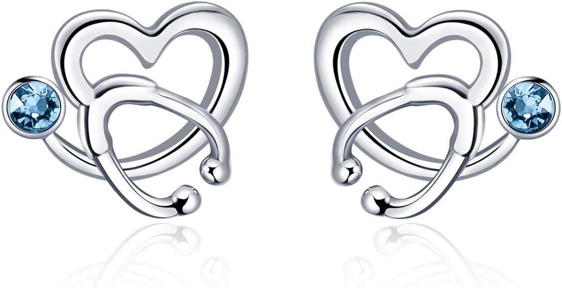 Sterling Silver Austria Crystal Nurse Earrings Stethoscope Studs Graduation Gifts for RN Doctor Medical Student-Simulated Aquamarine