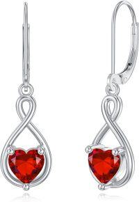 wholesale 925 Sterling Silver Birthstone Infinity Heart Dangle Drop Leverback Earrings for Women-July-Ruby