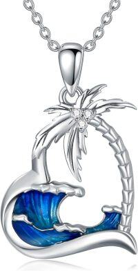 wholesale 925 Sterling Silver Blue Wave & Palm Tree Pendant Necklace for Women-Style B