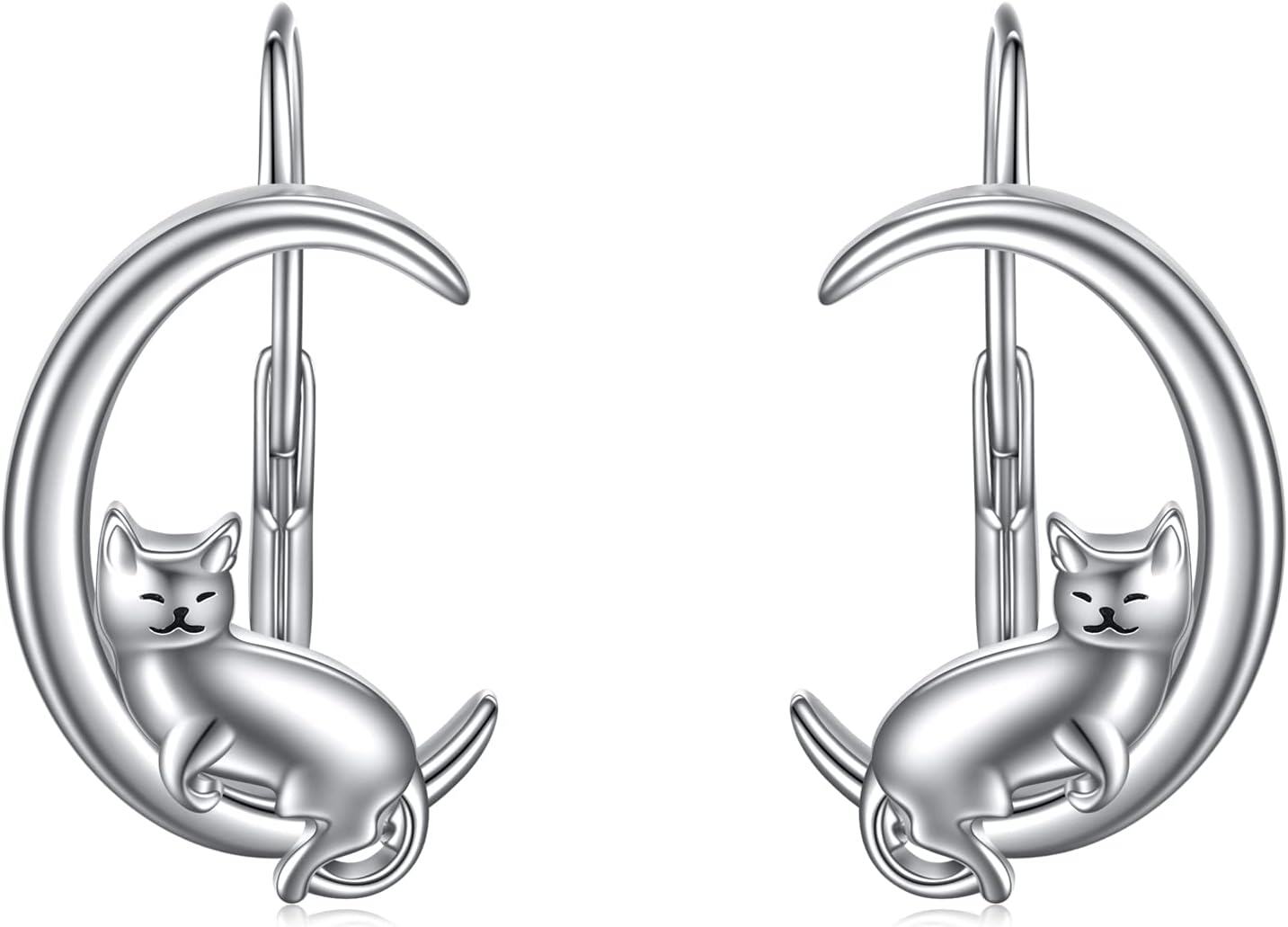 wholesale 925 Sterling Silver Cat on the Moon Leverback Dangle Drop Hoop Earrings for Women-0-0