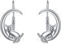 wholesale 925 Sterling Silver Cat on the Moon Leverback Dangle Drop Hoop Earrings for Women-0-0