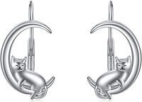 wholesale 925 Sterling Silver Cat on the Moon Leverback Dangle Drop Hoop Earrings for Women-25-Leverback-Cat