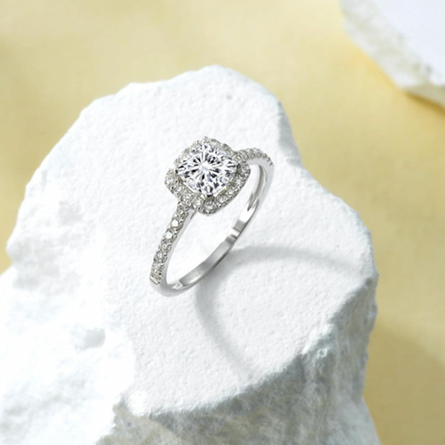 White Gold Moissanite Halo Cushion Cut 1ct Engagement Anniversary Rings-0-4