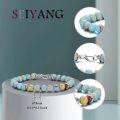 wholesale Sterling Silver & Natural Stone Beaded Bracelet for Men - Unique 24 Blue Patterned Stones, Nickel-Free S Hook Clasp, 8.5, Fashionable Gift-0-1