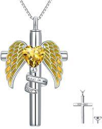 wholesale Sterling Silver Birthstone Angel Wing Cross Rose Heart Cremation Urn Necklace for Women with Funnel Kit ( chars)-Cross Personalized 11-Nov-Citrine-Cross Non-personalized 11-Nov-Citrine