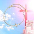 wholesale 10k Gold Cross Bracelet with Moissanite and Freshwater Pearls for Women Confirmation Gifts 6.8-8.4-0-5