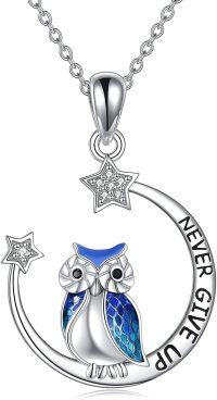 wholesale  Sterling Silver Moon Star Owl Necklace Never Give Up Inspirational Jewelry Gift for Women -Blue-Owl Necklace