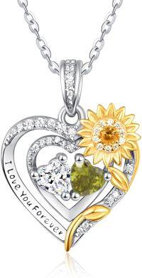 wholesale Sterling Silver 2 Birthstones Sunflower Heart Necklace for Women-04-08-Apr-Aug