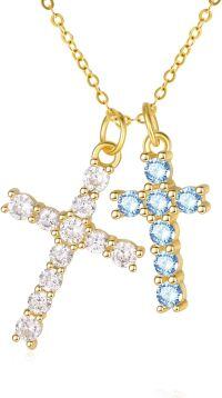 wholesale 14K Gold Sterling Silver Birthstone Double Cross Necklace for Women-04-12-Apr-Dec