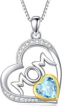 wholesale 925 Sterling Silver Gold Heart Mom Necklace with Synthetic Birthstone Pendant-March - Aquamarine