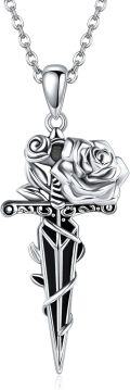 wholesale 925 Sterling Silver Cross with Roses and Sword Pendant Necklace for Women Men Gothic Punk Style  48cm Chain Length-0-0
